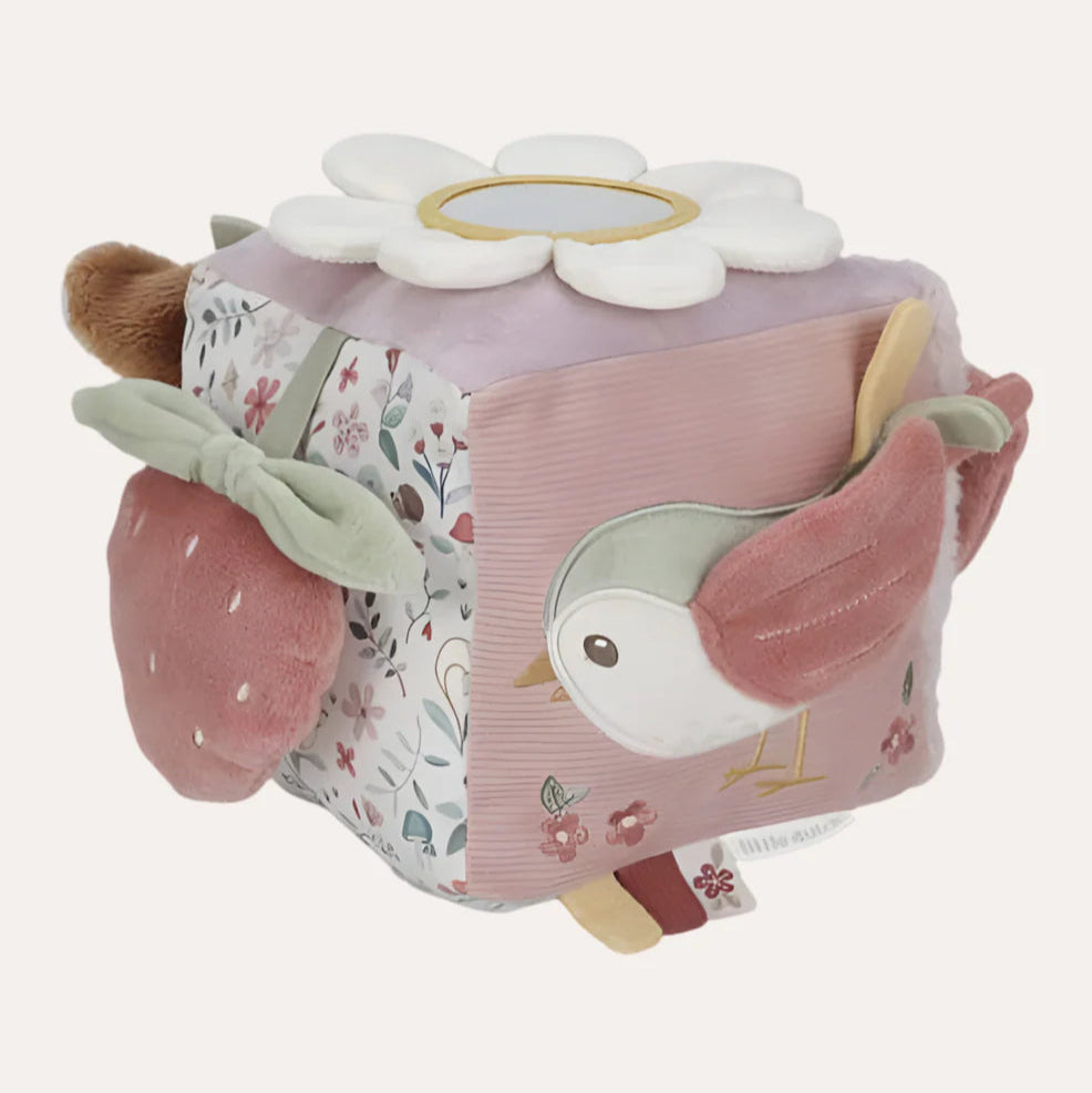 Fairy garden soft activity cube with butterfly, mirror, flower and deer soft sensory areas 