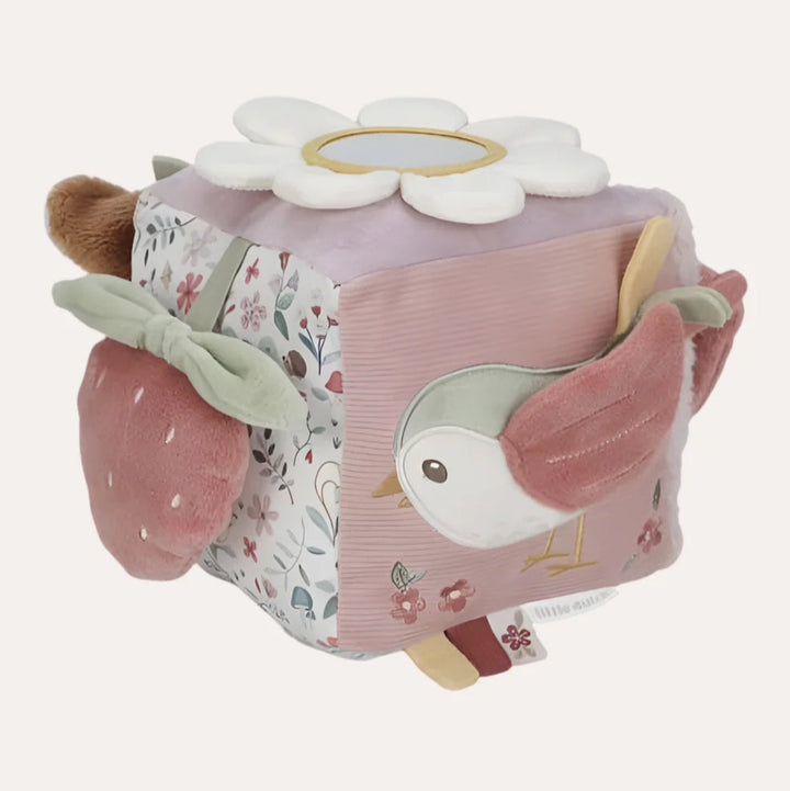 Fairy garden soft activity cube with butterfly, mirror, flower and deer soft sensory areas 