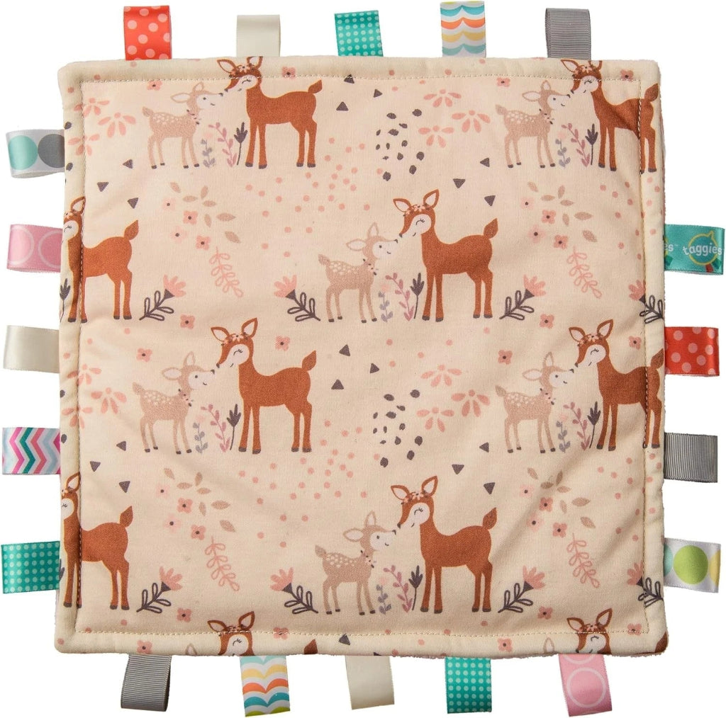 Taggie baby blanket with fawn design and fleece pink backing 