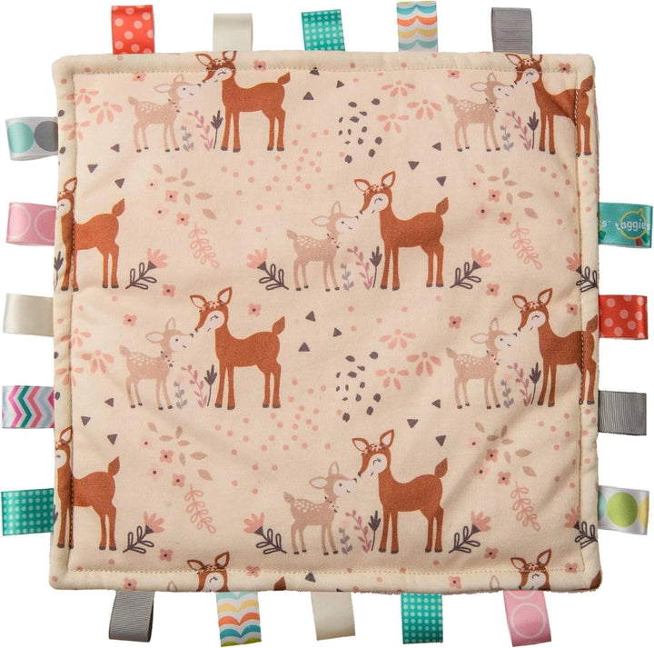 Taggie baby blanket with fawn design and fleece pink backing 
