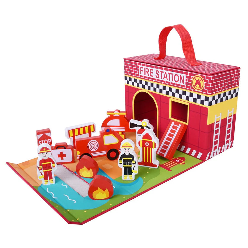 Firestatiion play set with wooden figures including fire, firemen, fireengines , ladders etc