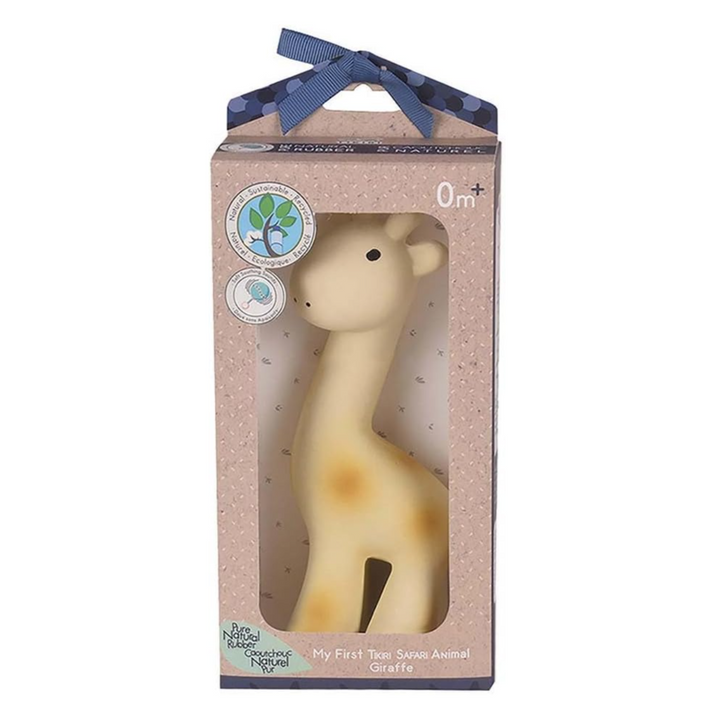 Giraffe natural rubber organic teether and bath toy in yellow in a box 