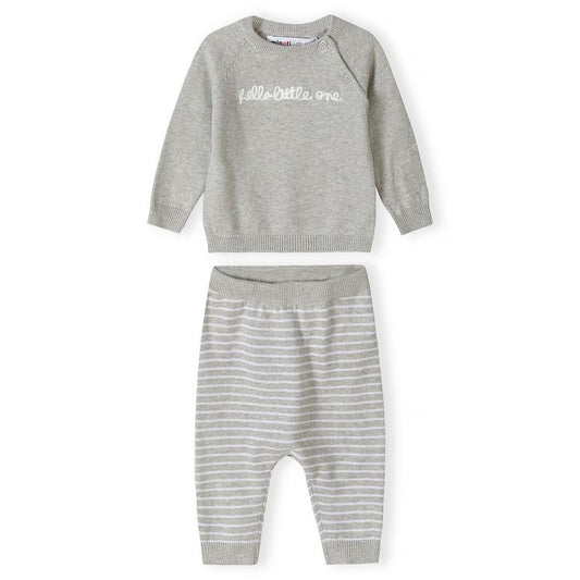 Grey fine knit baby jumper with white hello little one written on the fron and grey and white stripped leggings