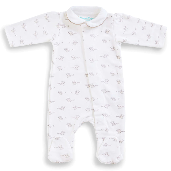 A white long-sleeve baby footed sleeper with an all-over light brown guitar print, featuring a Peter Pan collar and front zipper.