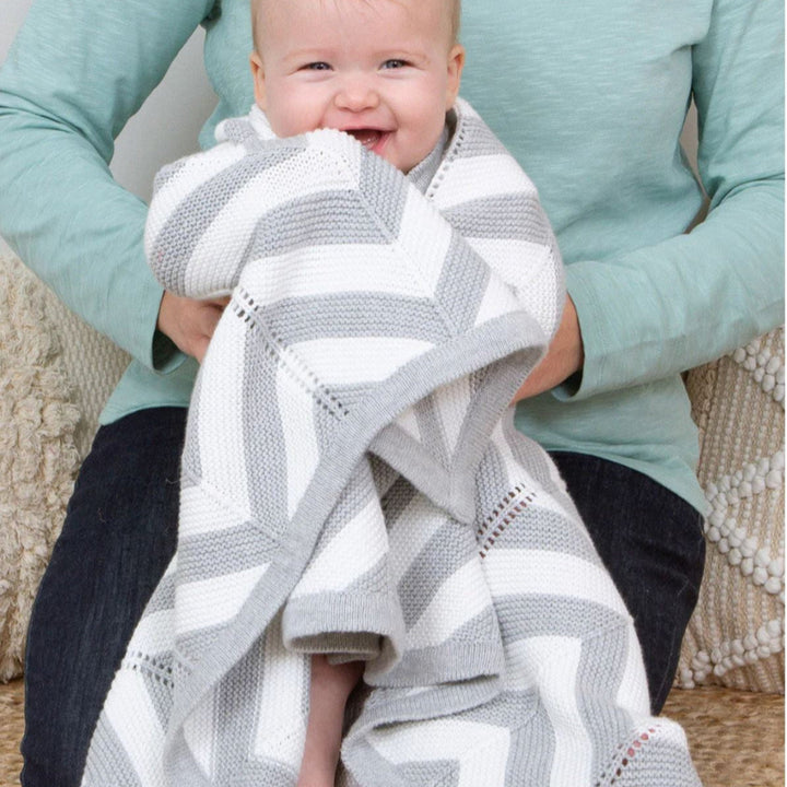 grey and white chevron knit organic baby blanket