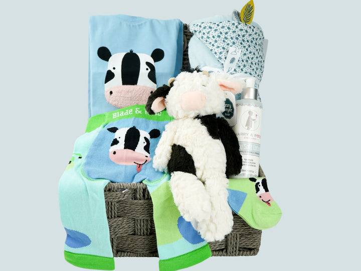 Baby Boy Hamper Basket, Blade And Rose Baby Clothing Set, Cow Soft Toy, Doudou Et Compagnie Baby Blanket