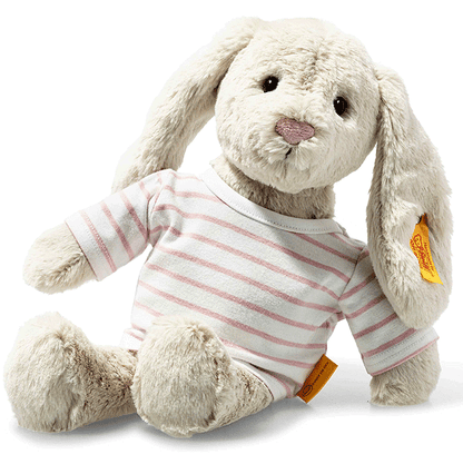 Soft cuddly steiff rabbit in grey with a pink and white striped t shirt