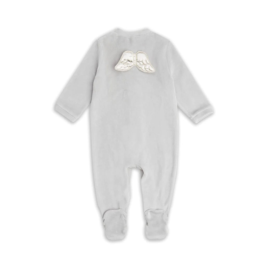 Marie Chantal grey velour sleepsuit with silver angel wings