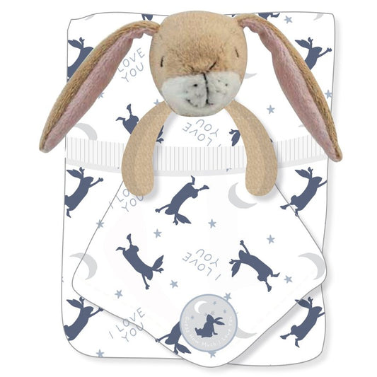guess  how much I love you baby boy blanket in white with navy bunnies and matching baby comforter 