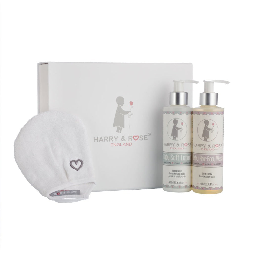 Luxury boxed baby organic toiletries including organic baby soft lotion, baby organic hair and body wash, bamboo baby wash mitt 