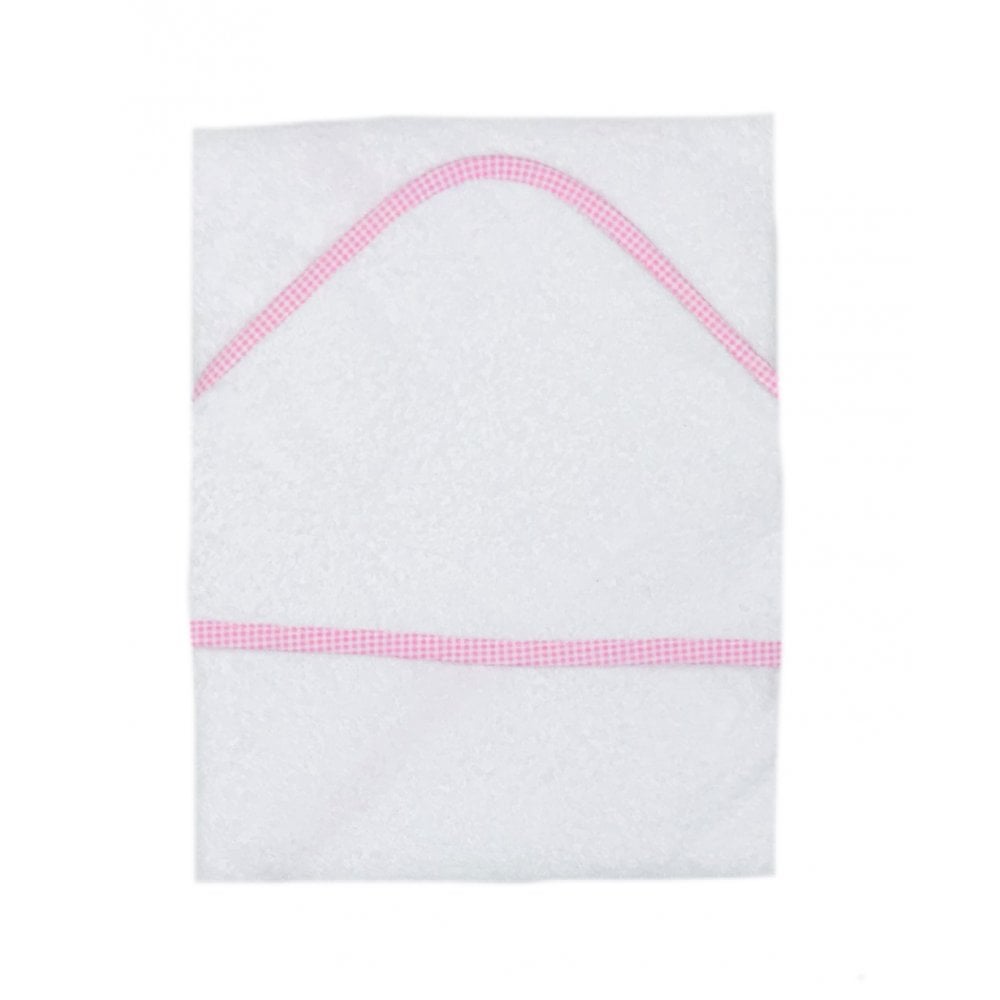 White hooded baby towel with pink trim
