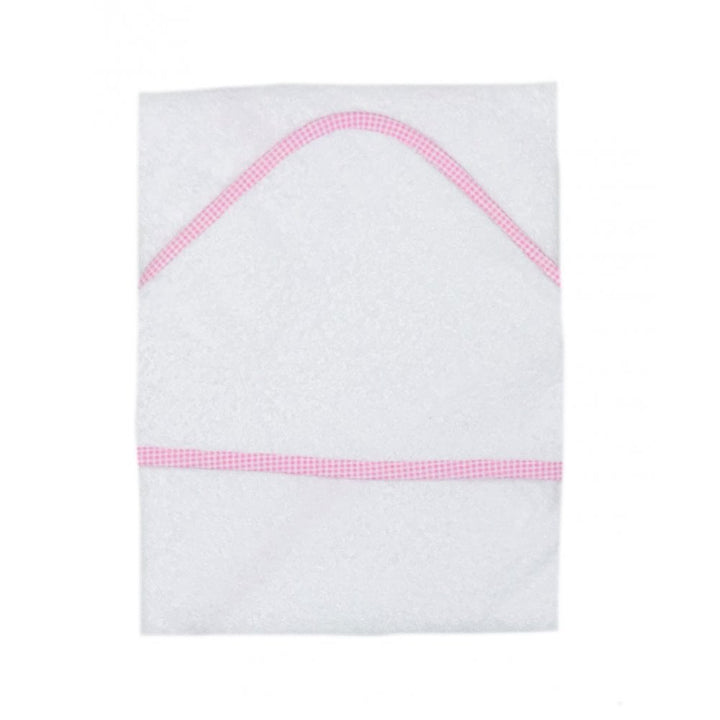 White hooded baby towel with pink trim
