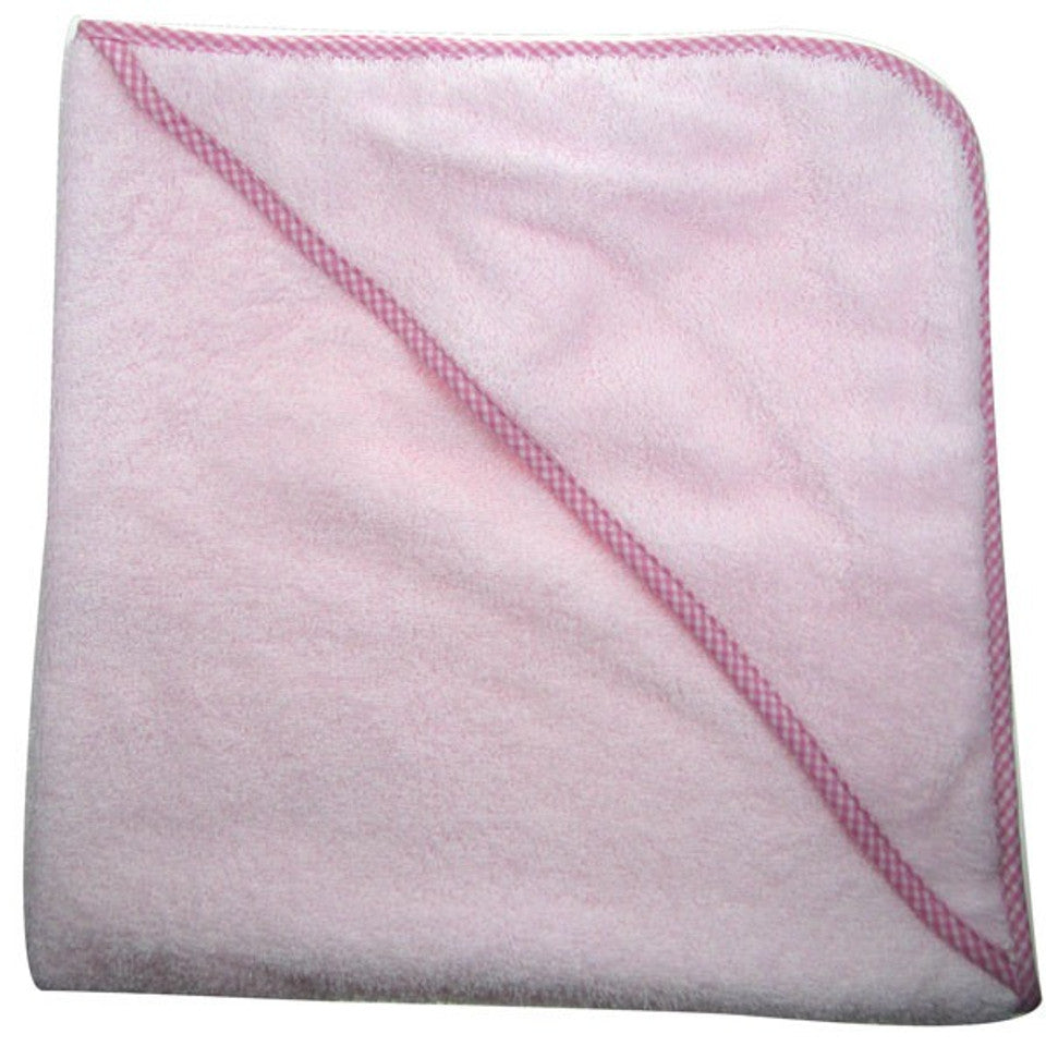 pink baby hooded towel with checked edging 