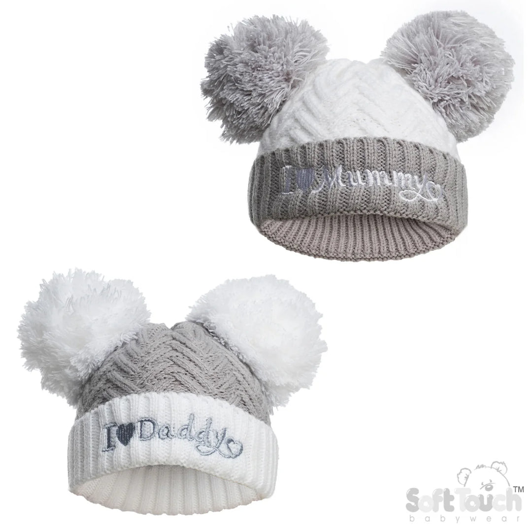 Grey and white baby knit hat with I heart mummy and I heart daddy