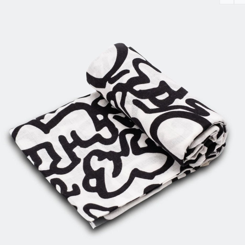 black and white sensory muslin by Etta Loves in Keith Harding design