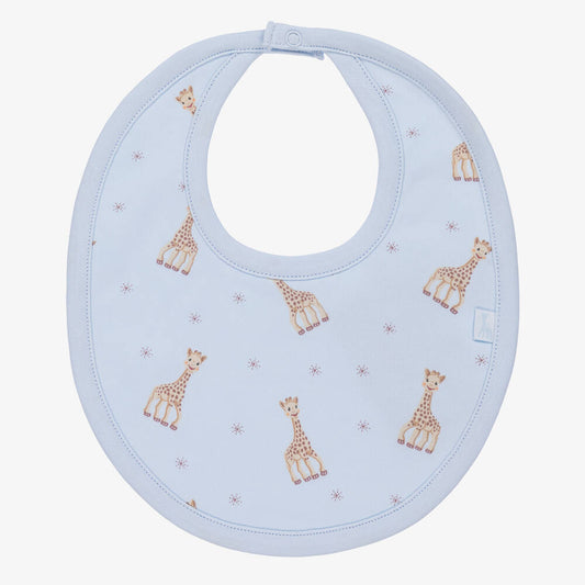 Luxury prima cotton baby bib in blue with Sophie La Girafe  and a towelling back