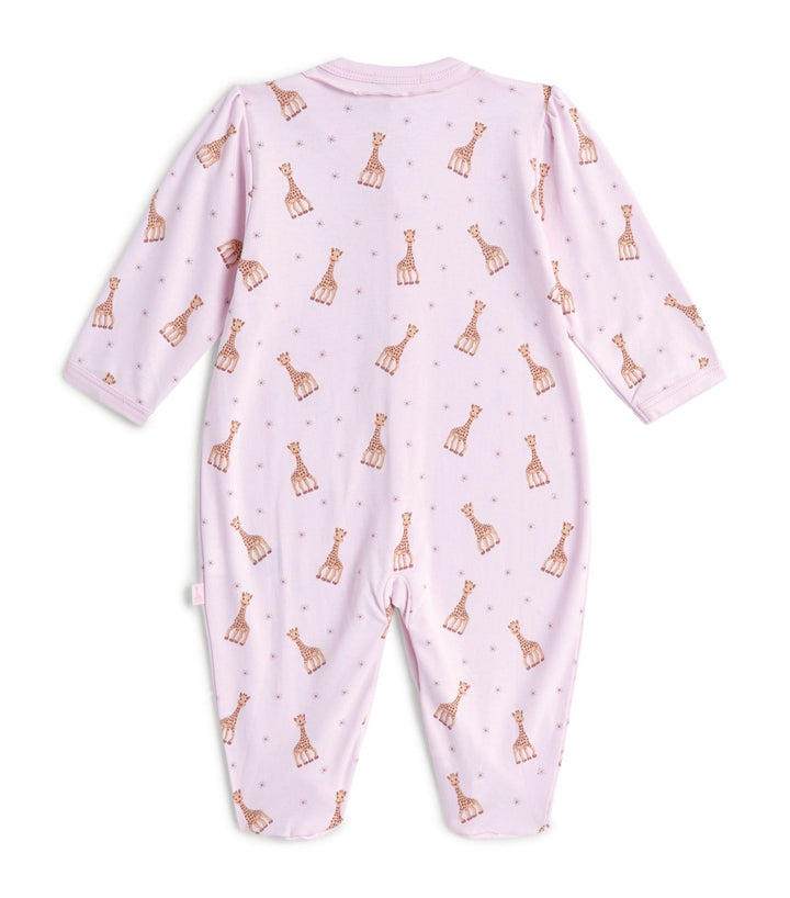 Kissy Kissy baby sleepsuit in pink with a ruffle and Sophie La Girafe design