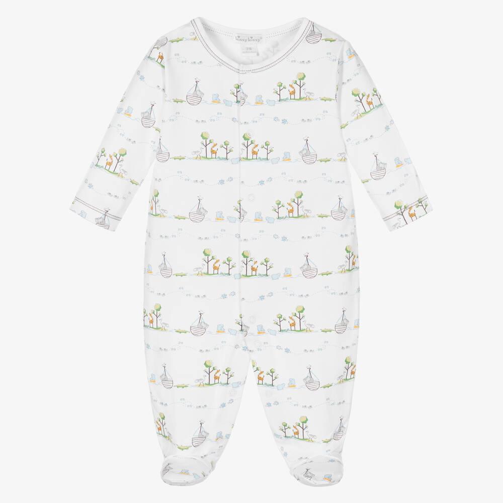 white prima cotton baby sleepsuit with an ark and animals