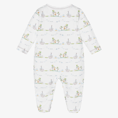 white prima cotton baby sleepsuit with an ark and animals 