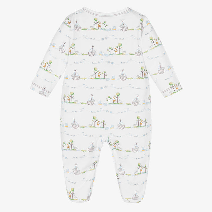 white prima cotton baby sleepsuit with an ark and animals 