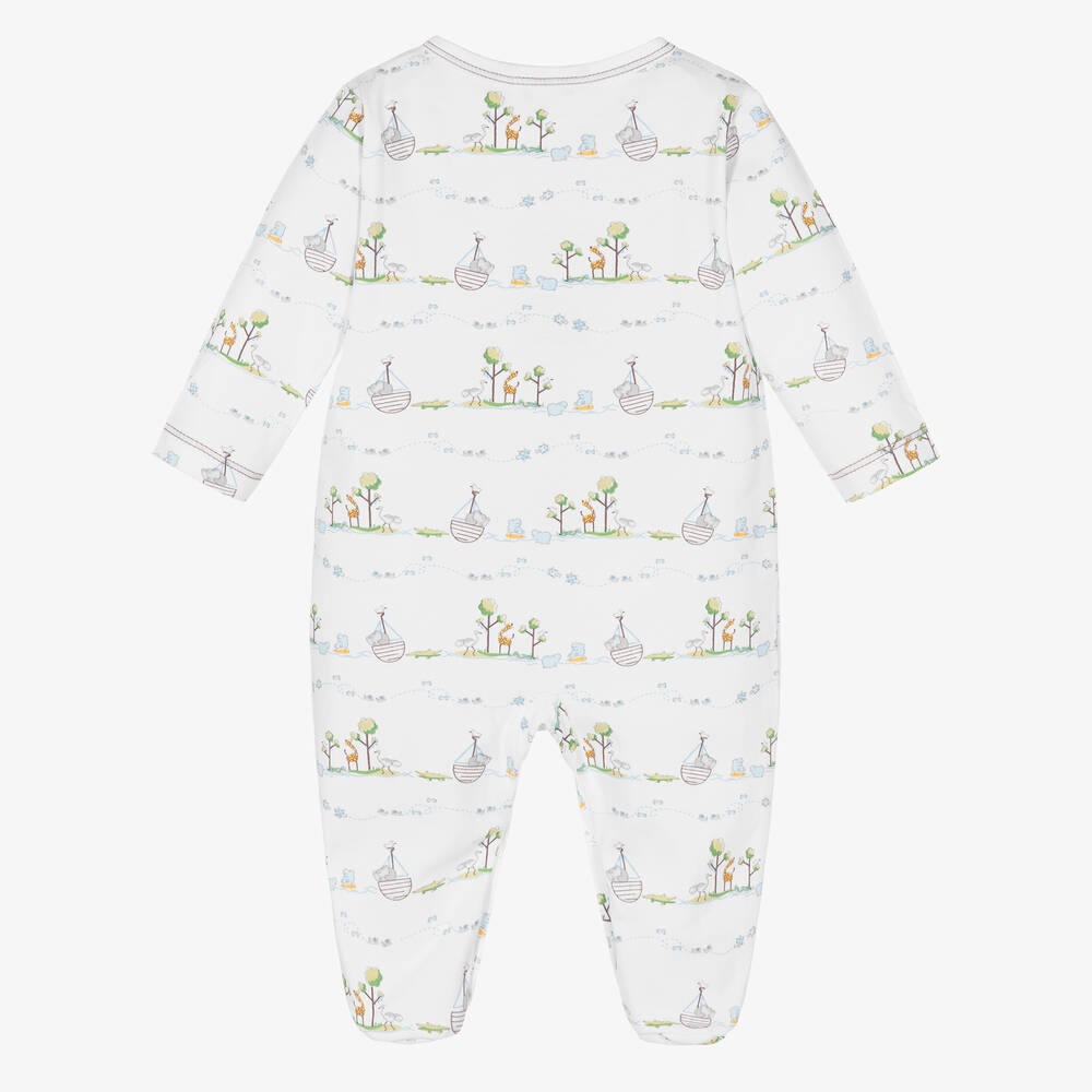 kissy kissy prima cotton baby sleepsuit in white with Noah's ark design and blue accents