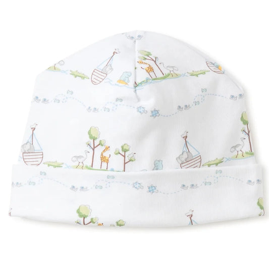 White prima cotton baby hat with Noah's ark and animals with a blue accent