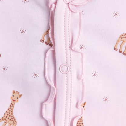 Kissy Kissy baby sleepsuit in pink with a ruffle and Sophie La Girafe design