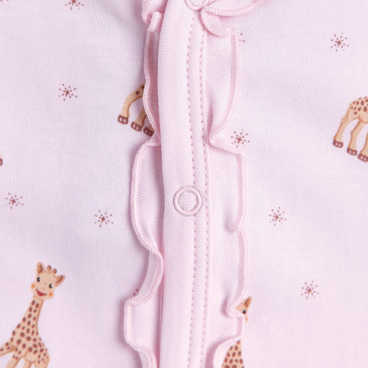 Kissy Kissy baby sleepsuit in pink with a ruffle and Sophie La Girafe design