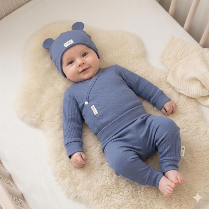 Organic Baby Clothing Set In Dusty Blue