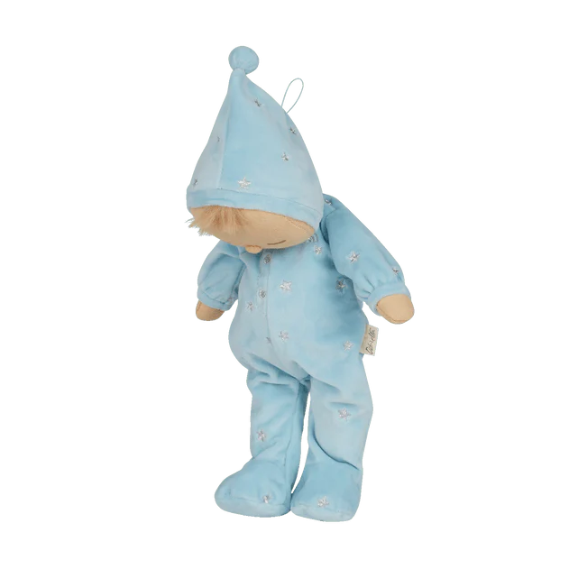 soft bodied doll in blue sleepsuit with musical pull string 