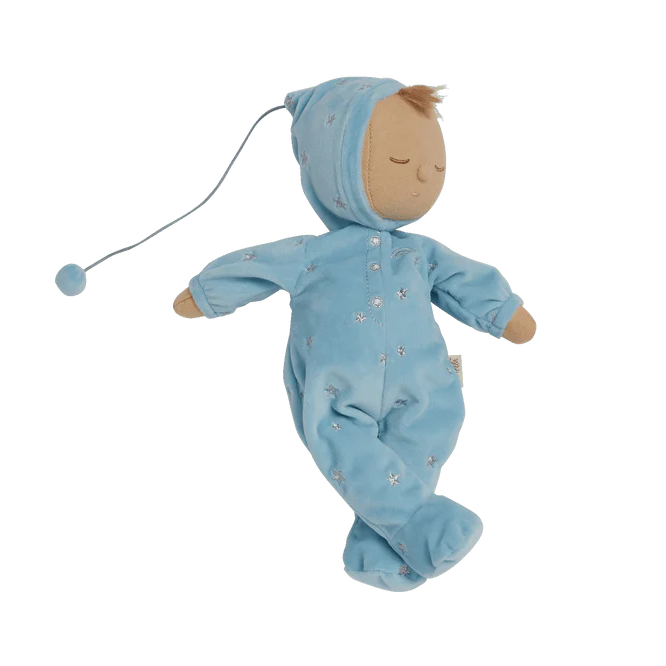 soft bodied doll in blue sleepsuit with musical pull string 