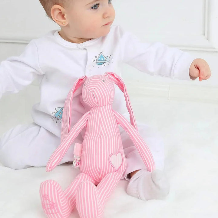 pink and white stipe bunny cuddle toy, rattle and crinkle toy