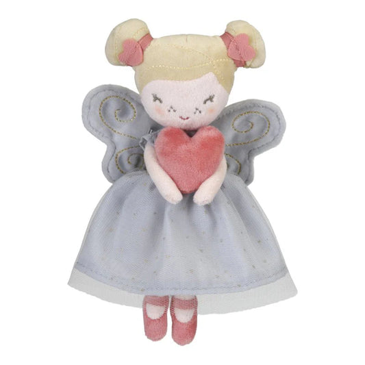 Soft fairy doll with blonde hair and a blue dress holding a pink heart