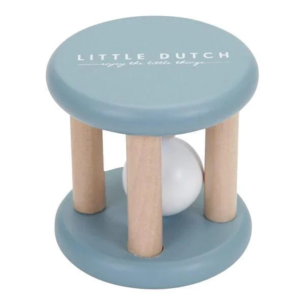 blue baby rattle in wood with a ball in the middle 