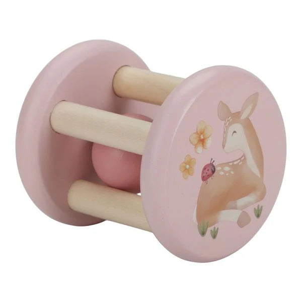 wooden baby roller rattle in pink with fawn design 