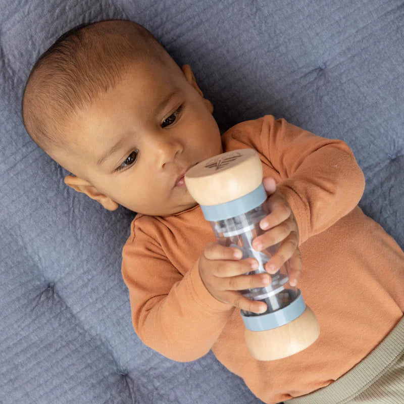 Rain rattle sensory toy, wooden ends blue and yellow beads