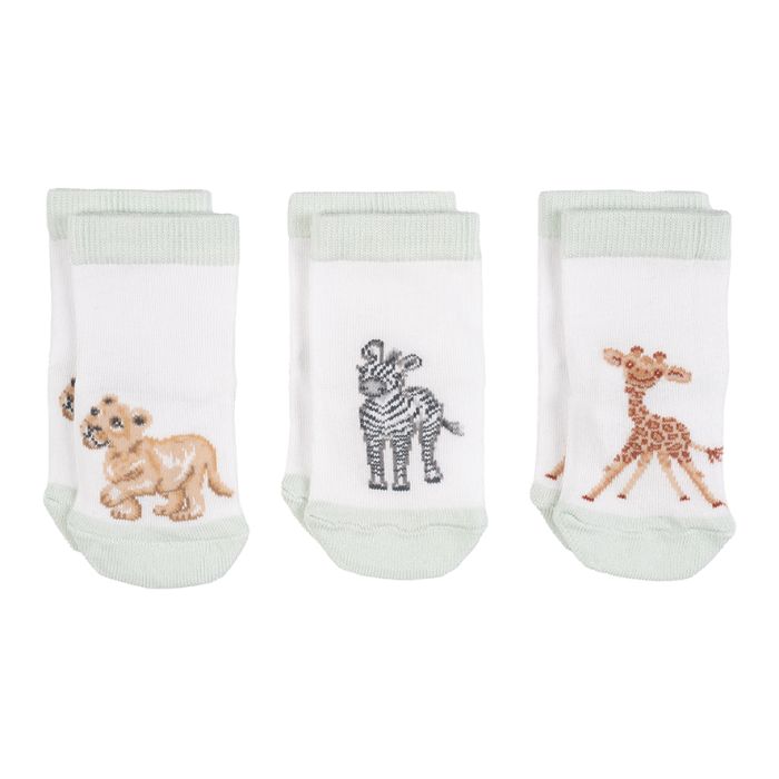 Three baby socks with animal illustrations on a white background