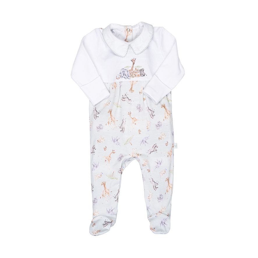 Baby sleepsuit in white and pale green with safari animals 