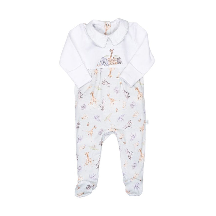 Baby sleepsuit in white and pale green with safari animals 
