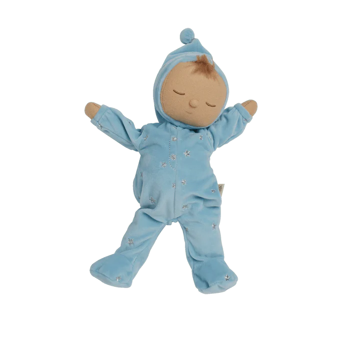 soft bodied doll in blue sleepsuit with musical pull string 