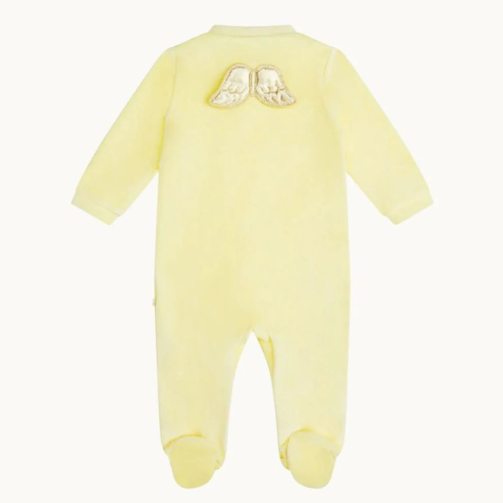 yellow velour baby sleepsuit with gold angel wings 