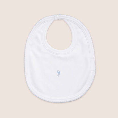 Luxury G.H.Hurt & Son baby bib with blue picot edging and fawn, containing 50% LENZING™ Micro Modal and 50% organic combed cotton.