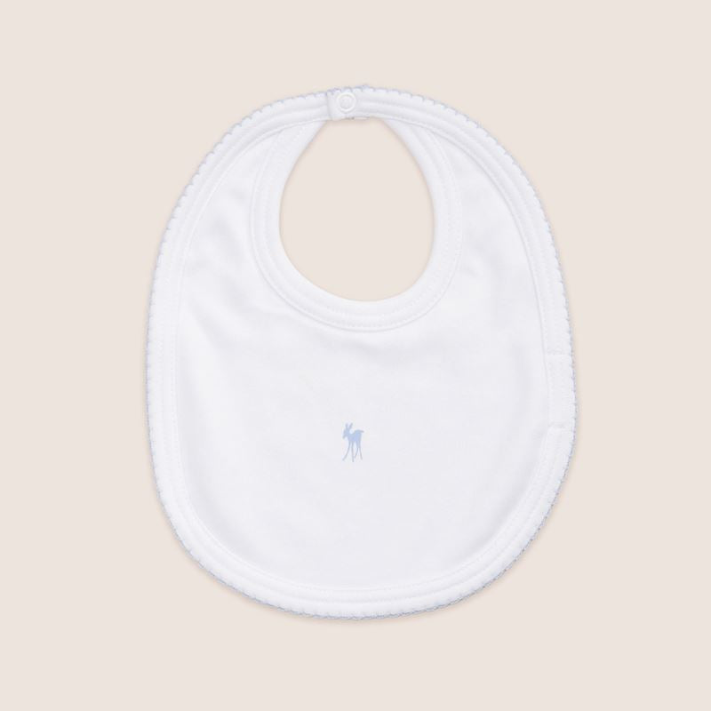 Luxury G.H.Hurt & Son baby bib with blue picot edging and fawn, containing 50% LENZING™ Micro Modal and 50% organic combed cotton.