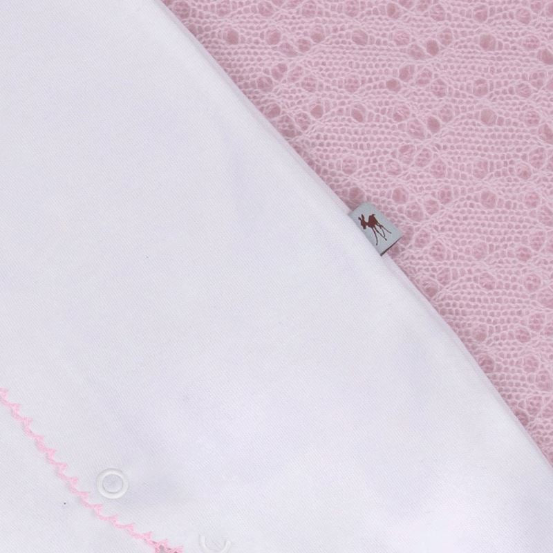 white luxury baby sleepsuit with a fawn logo and pink picot edging