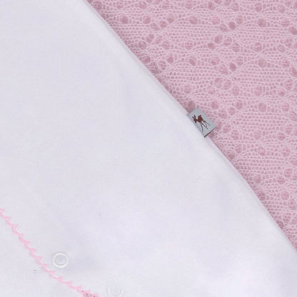 white luxury baby sleepsuit with a fawn logo and pink picot edging
