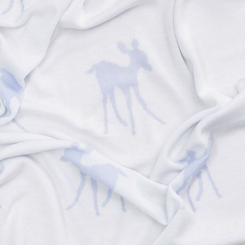 G H Hurt luxury baby gift in a white embossed box includes luxury blue baby shawl with fawn design, white baby sleepsuit with blue picot edge with matching hat and bib with deer logo design
