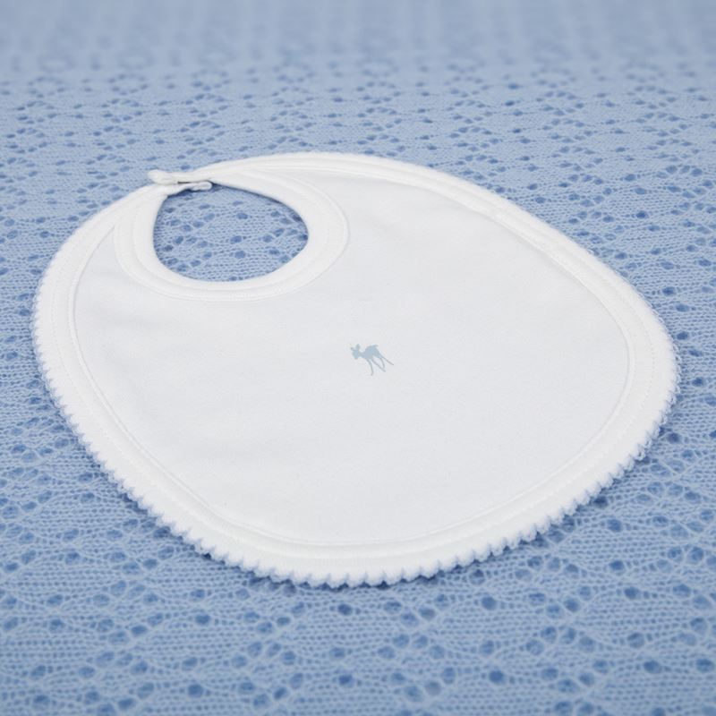 Luxury white bib with blue picot edging and fawn motif