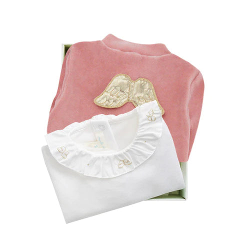 Dusky pink velour baby sleepsuit by Marie chantal with gold angel wings, white ruffle neck baby body suit with delicate gold angel wings embroidered on the collar