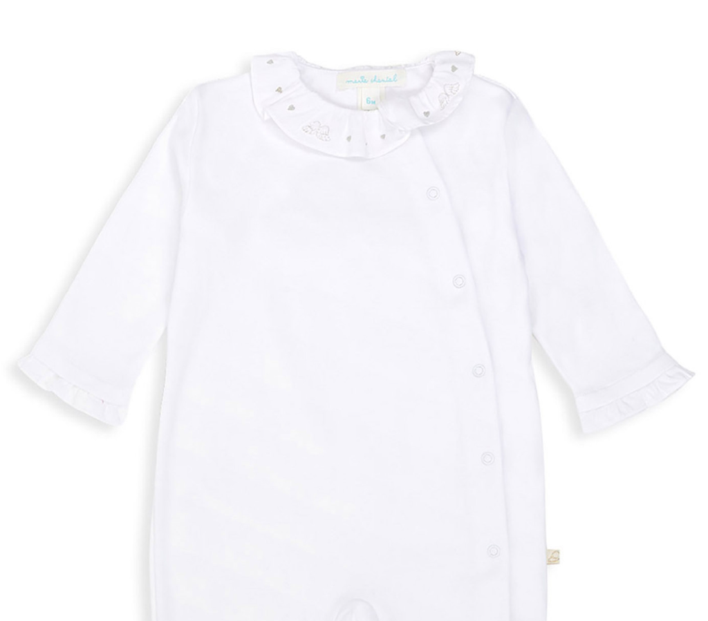 White baby sleepsuit with ruffled collar embroidered with silver hearts and angel wings, silver angle wings on the back