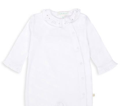 White baby sleepsuit with ruffled collar embroidered with silver hearts and angel wings, silver angle wings on the back
